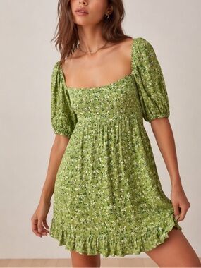Reformation Bristol Mini Dress Puff Sleeve Smocked Back Ruffle Hem Green Floral